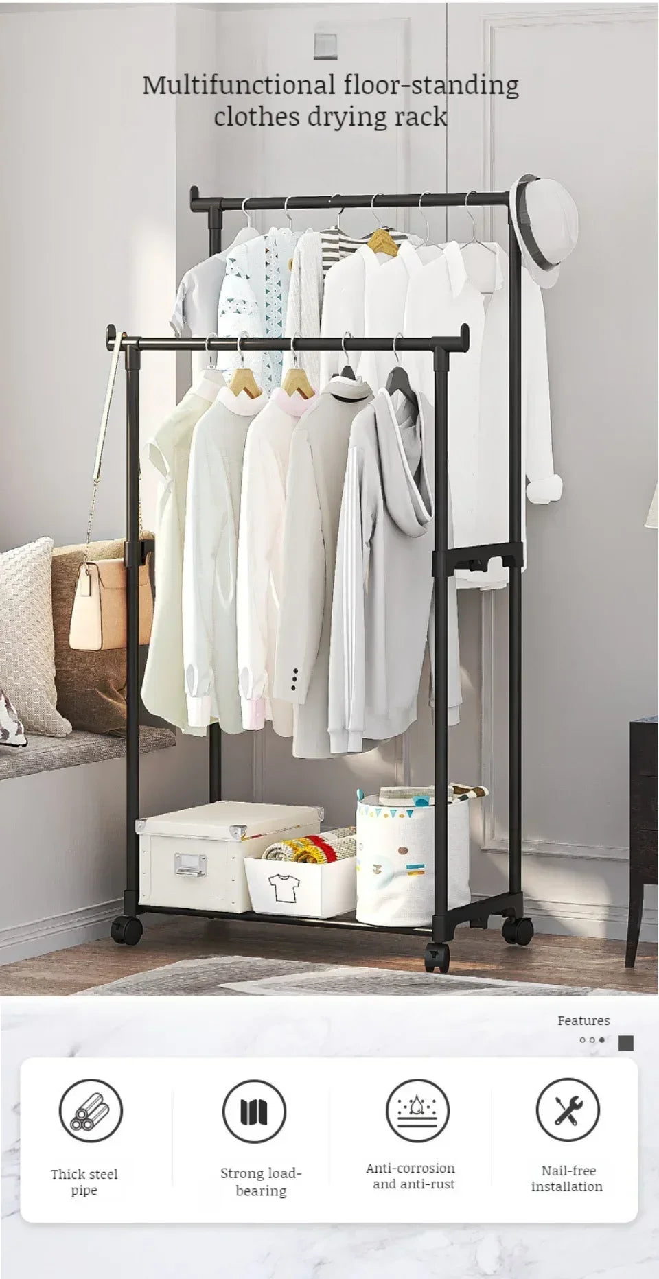 Movable Coat Rack Double Clothes Shelf Simple Rod Clothes Floor-Standing Bedroom Telescopic Floor Hangers Storage Coat Rack