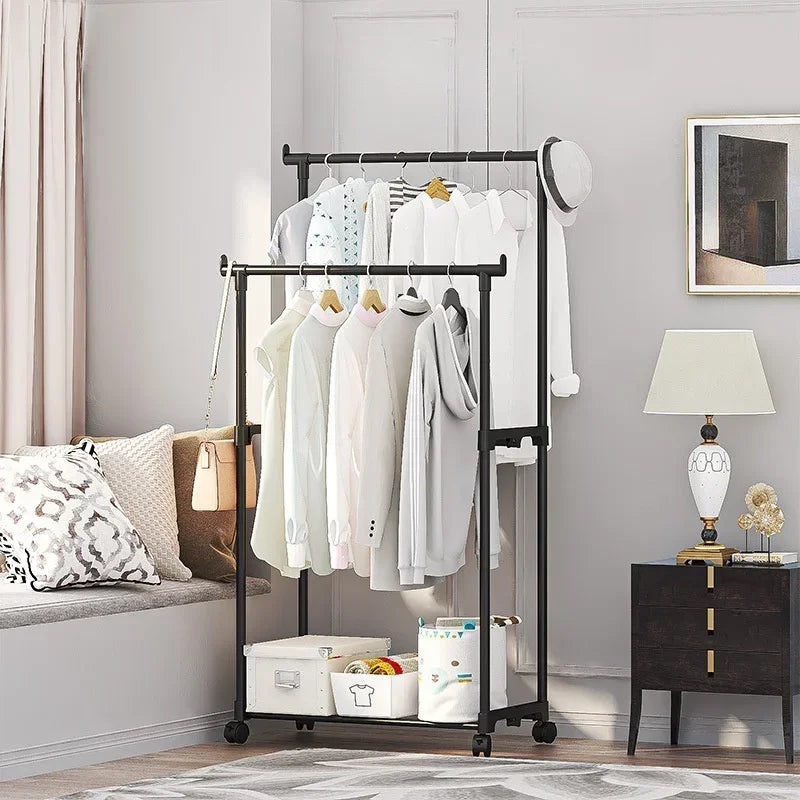 Movable Coat Rack Double Clothes Shelf Simple Rod Clothes Floor-Standing Bedroom Telescopic Floor Hangers Storage Coat Rack