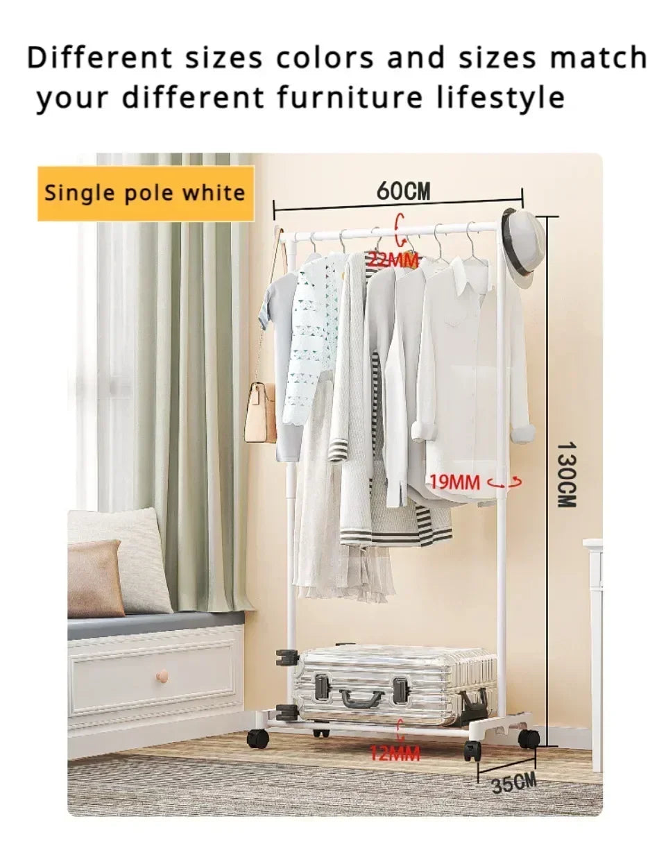 Movable Coat Rack Double Clothes Shelf Simple Rod Clothes Floor-Standing Bedroom Telescopic Floor Hangers Storage Coat Rack