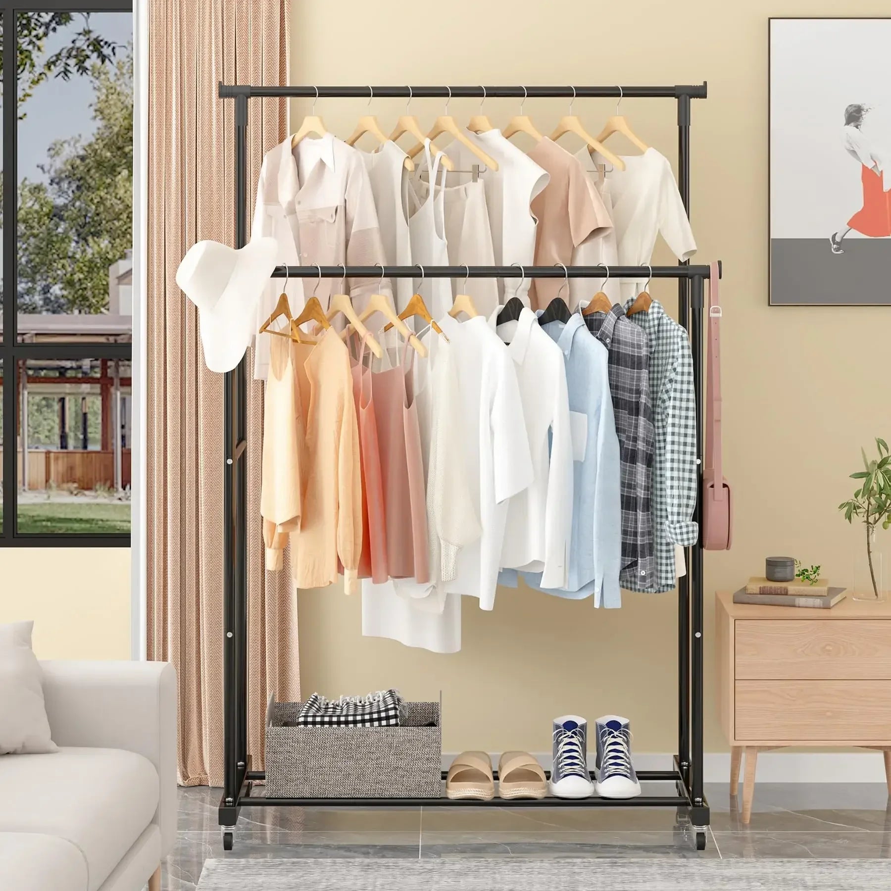 Movable Coat Rack Double Clothes Shelf Simple Rod Clothes Floor-Standing Bedroom Telescopic Floor Hangers Storage Coat Rack