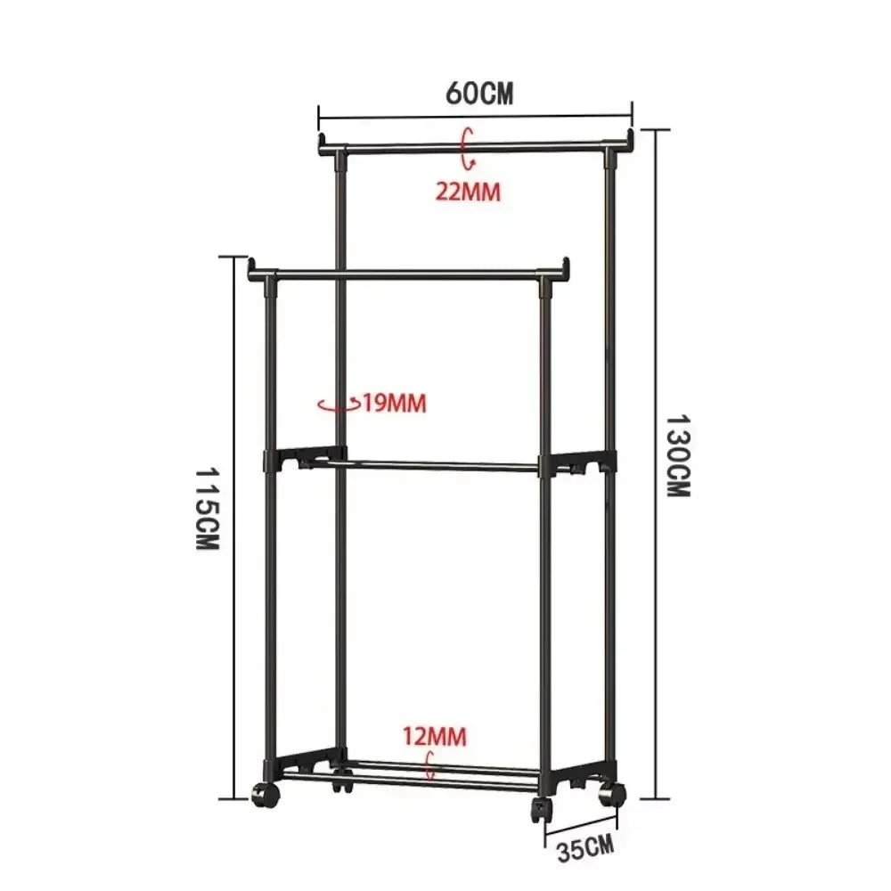 Movable Coat Rack Double Clothes Shelf Simple Rod Clothes Floor-Standing Bedroom Telescopic Floor Hangers Storage Coat Rack