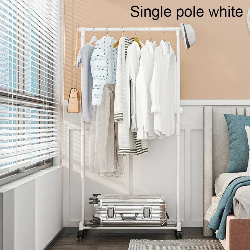 Movable Coat Rack Double Clothes Shelf Simple Rod Clothes Floor-Standing Bedroom Telescopic Floor Hangers Storage Coat Rack