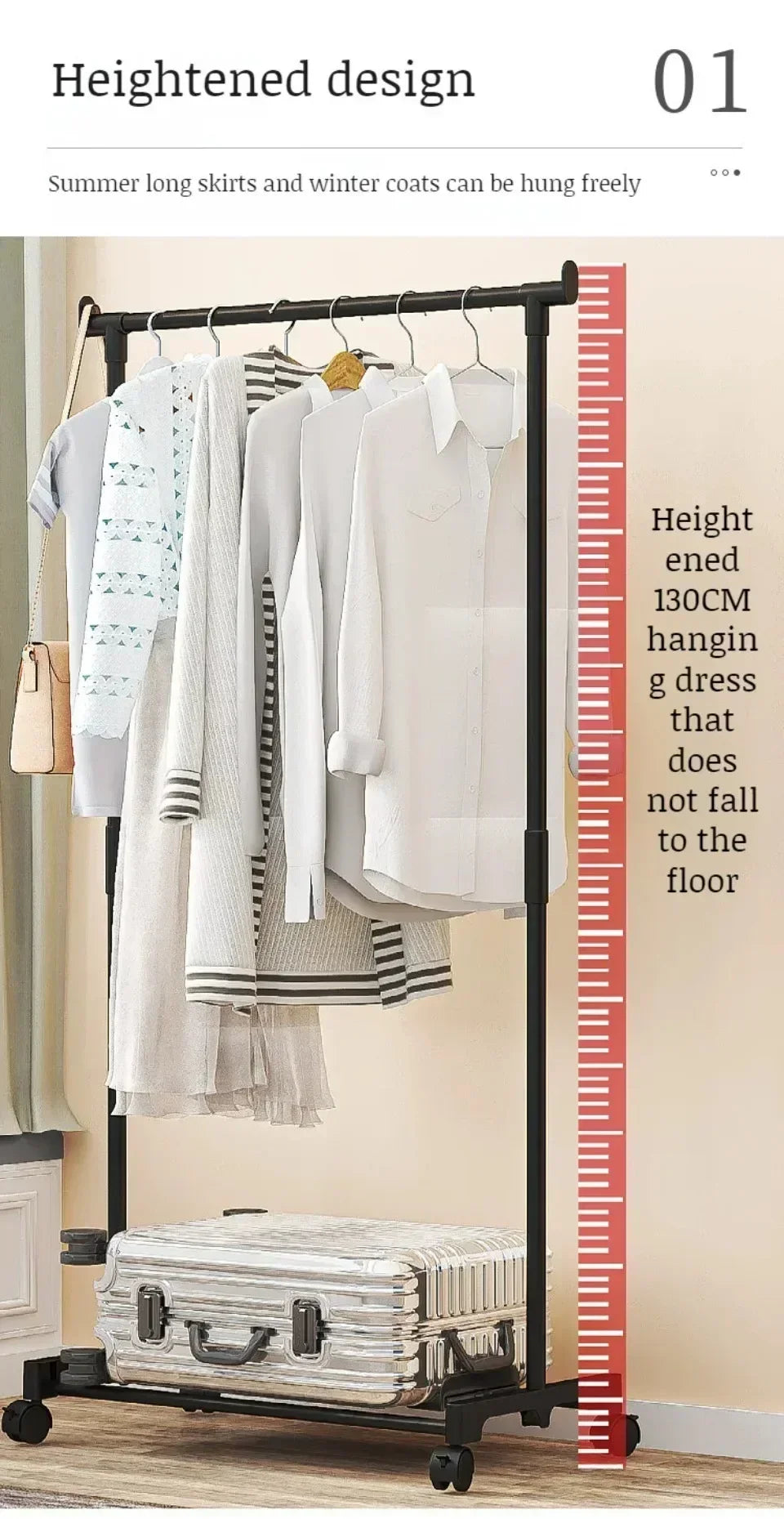 Movable Coat Rack Double Clothes Shelf Simple Rod Clothes Floor-Standing Bedroom Telescopic Floor Hangers Storage Coat Rack
