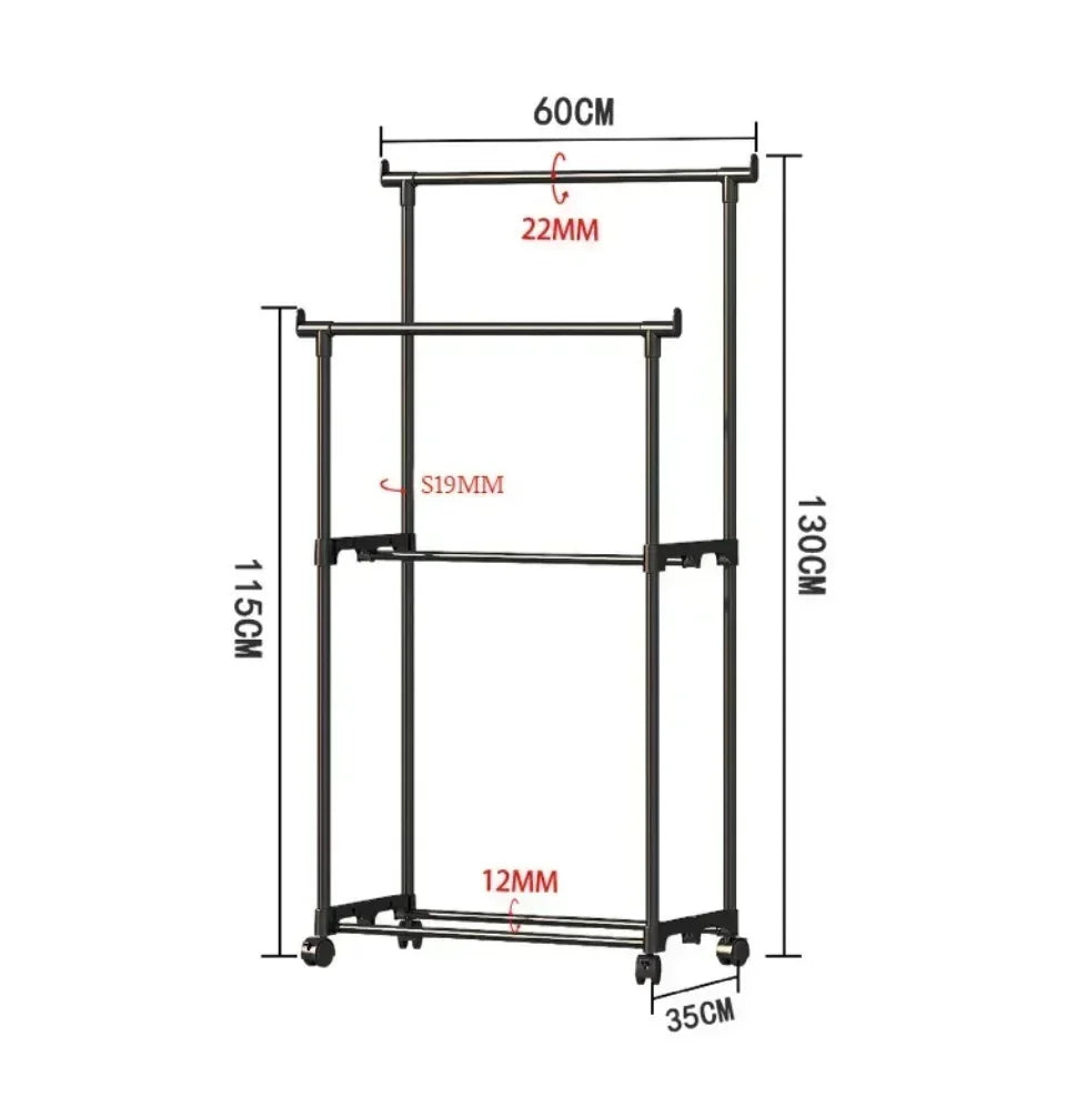 Movable Coat Rack Double Clothes Shelf Simple Rod Clothes Floor-Standing Bedroom Telescopic Floor Hangers Storage Coat Rack