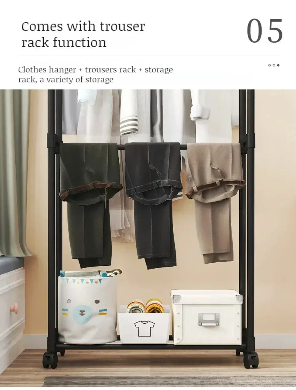 Movable Coat Rack Double Clothes Shelf Simple Rod Clothes Floor-Standing Bedroom Telescopic Floor Hangers Storage Coat Rack