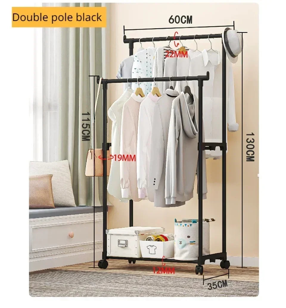 Movable Coat Rack Double Clothes Shelf Simple Rod Clothes Floor-Standing Bedroom Telescopic Floor Hangers Storage Coat Rack