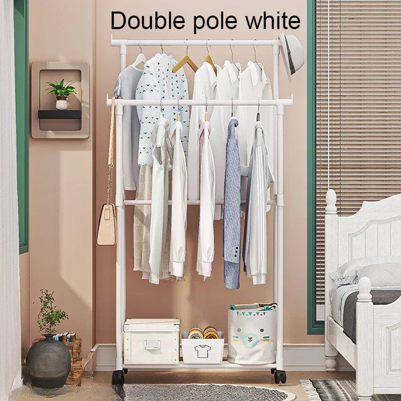 Movable Coat Rack Double Clothes Shelf Simple Rod Clothes Floor-Standing Bedroom Telescopic Floor Hangers Storage Coat Rack