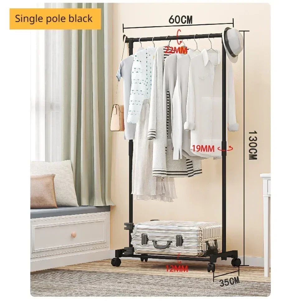 Movable Coat Rack Double Clothes Shelf Simple Rod Clothes Floor-Standing Bedroom Telescopic Floor Hangers Storage Coat Rack