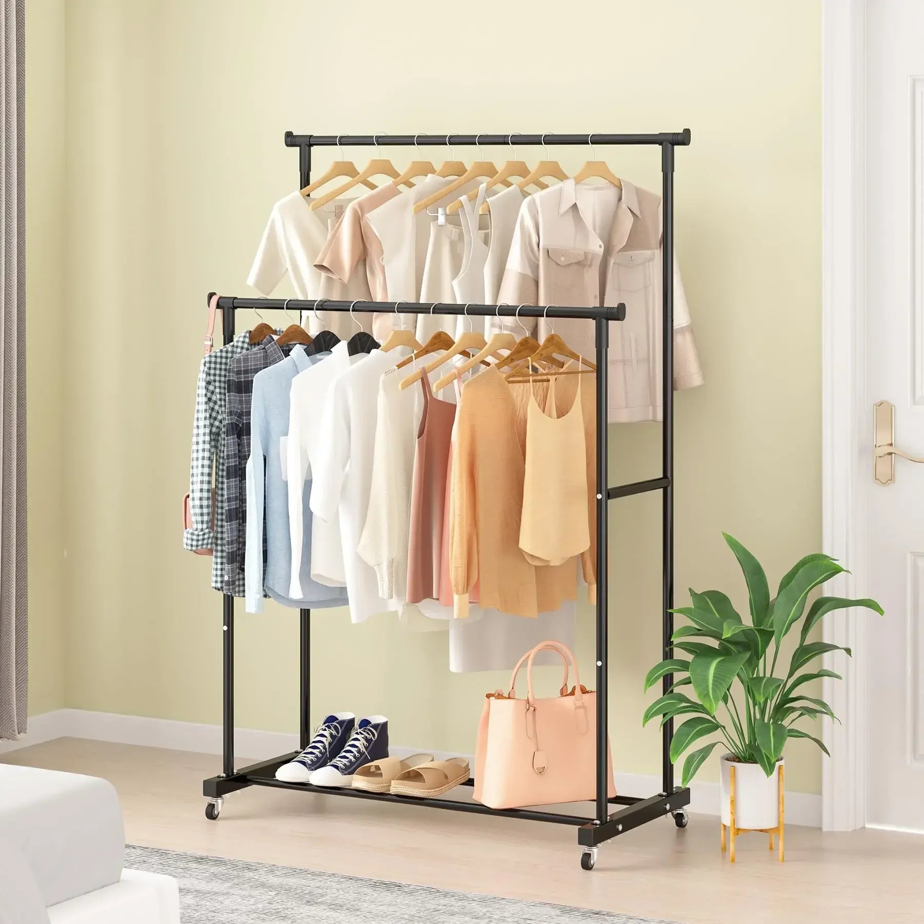 Movable Coat Rack Double Clothes Shelf Simple Rod Clothes Floor-Standing Bedroom Telescopic Floor Hangers Storage Coat Rack