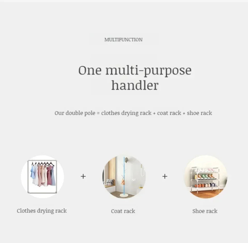 Movable Coat Rack Double Clothes Shelf Simple Rod Clothes Floor-Standing Bedroom Telescopic Floor Hangers Storage Coat Rack