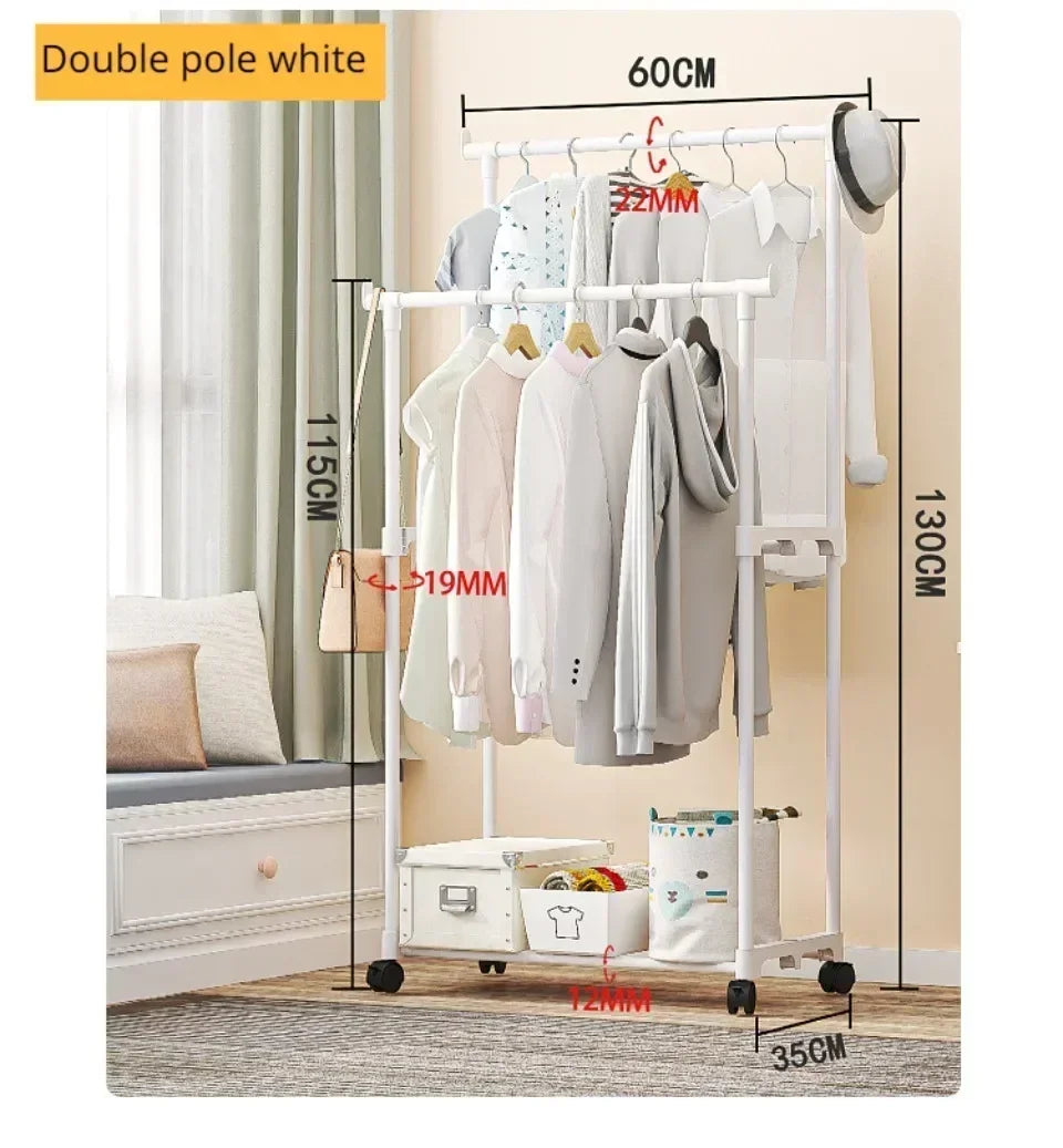 Movable Coat Rack Double Clothes Shelf Simple Rod Clothes Floor-Standing Bedroom Telescopic Floor Hangers Storage Coat Rack